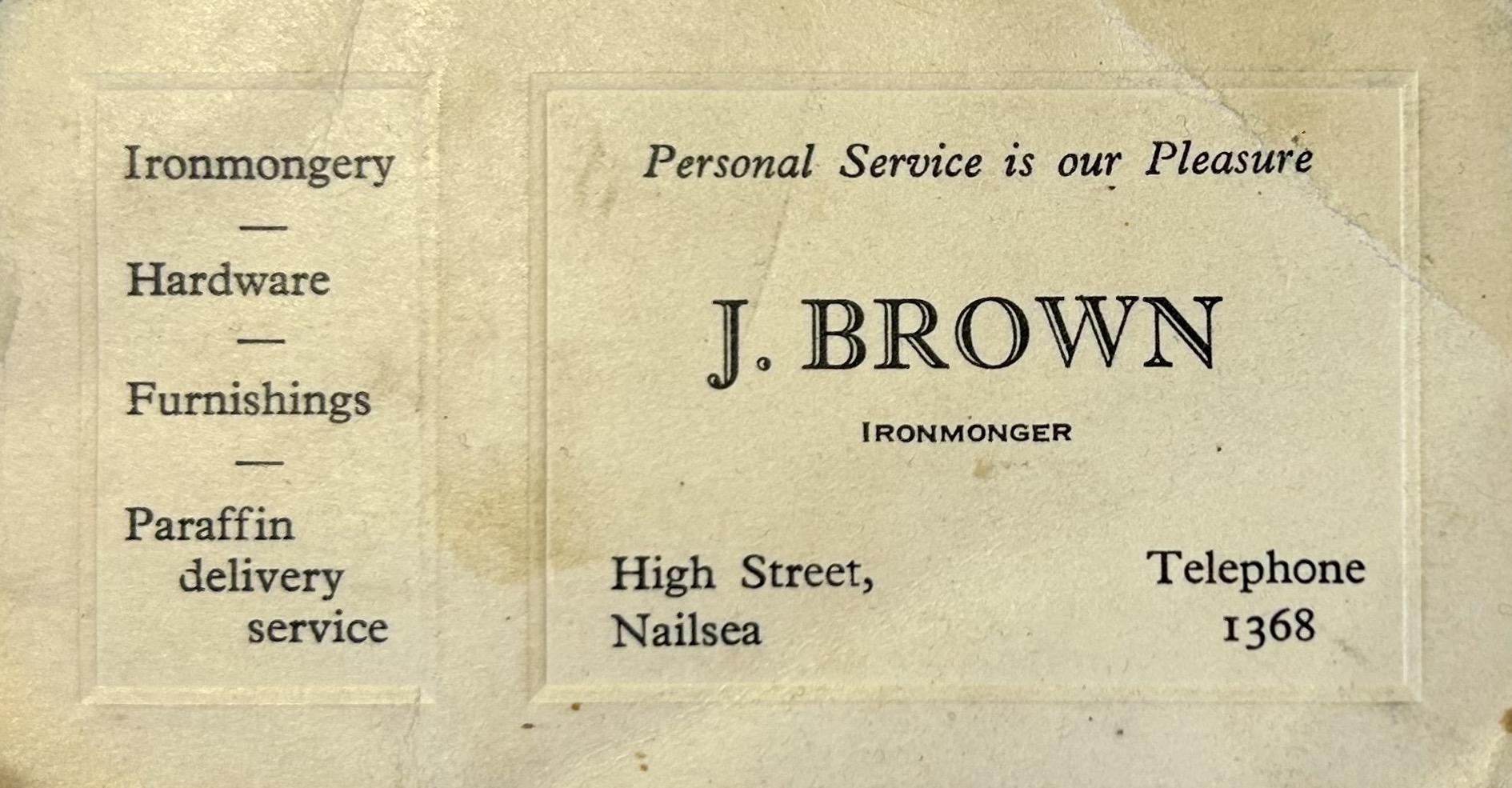 J. Brown Ironmonger business card advertising ironmongery, hardware, furnishings and paraffin delivery